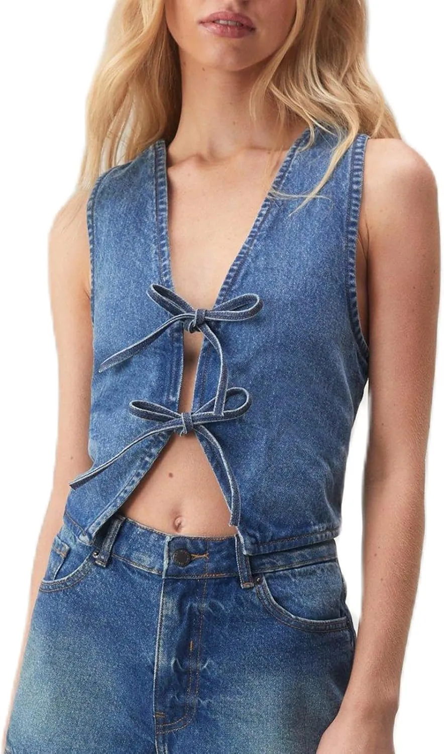 Fashion Women Tie Front Denim Top Sleeveless Jean Vest Jacket Y2k Girls Sexy Cropped Tank Tops Streetwear