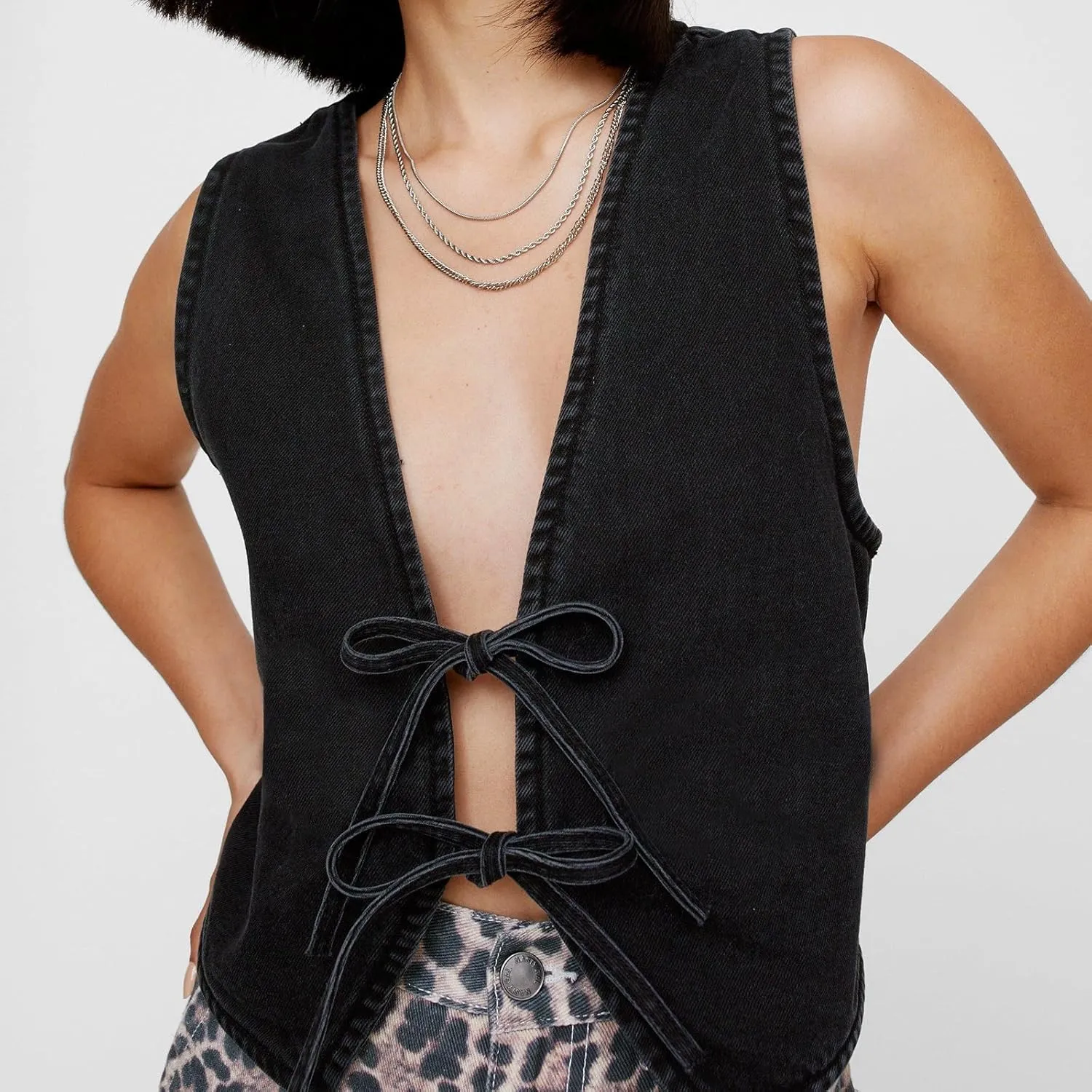 Fashion Women Tie Front Denim Top Sleeveless Jean Vest Jacket Y2k Girls Sexy Cropped Tank Tops Streetwear