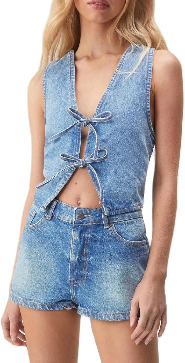 Fashion Women Tie Front Denim Top Sleeveless Jean Vest Jacket Y2k Girls Sexy Cropped Tank Tops Streetwear