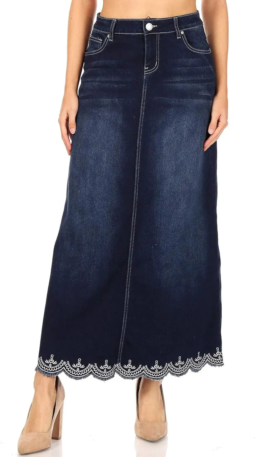Fashion2Love Women's Juniors/Plus Size Long A-Line Stretch Denim Maxi Skirt