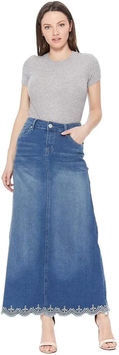 Fashion2Love Women's Juniors/Plus Size Long A-Line Stretch Denim Maxi Skirt