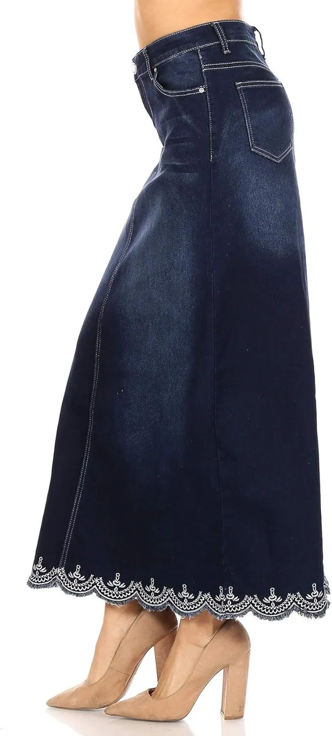 Fashion2Love Women's Juniors/Plus Size Long A-Line Stretch Denim Maxi Skirt