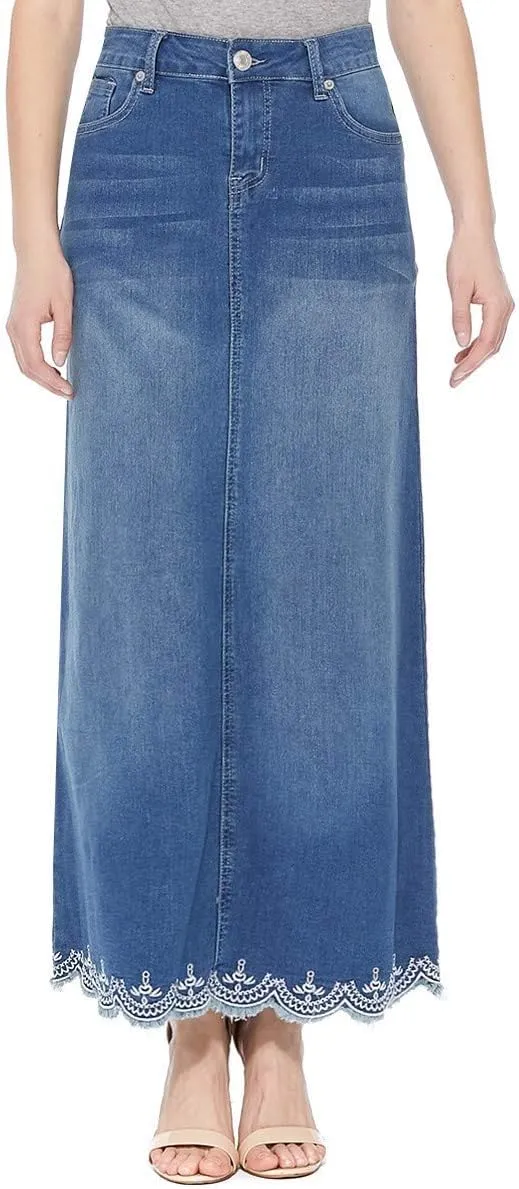 Fashion2Love Women's Juniors/Plus Size Long A-Line Stretch Denim Maxi Skirt