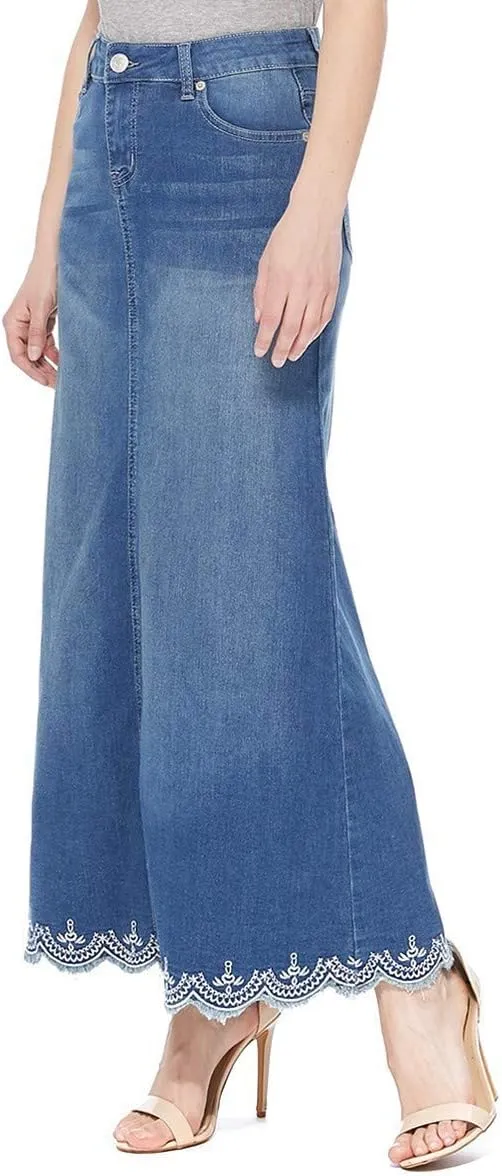 Fashion2Love Women's Juniors/Plus Size Long A-Line Stretch Denim Maxi Skirt