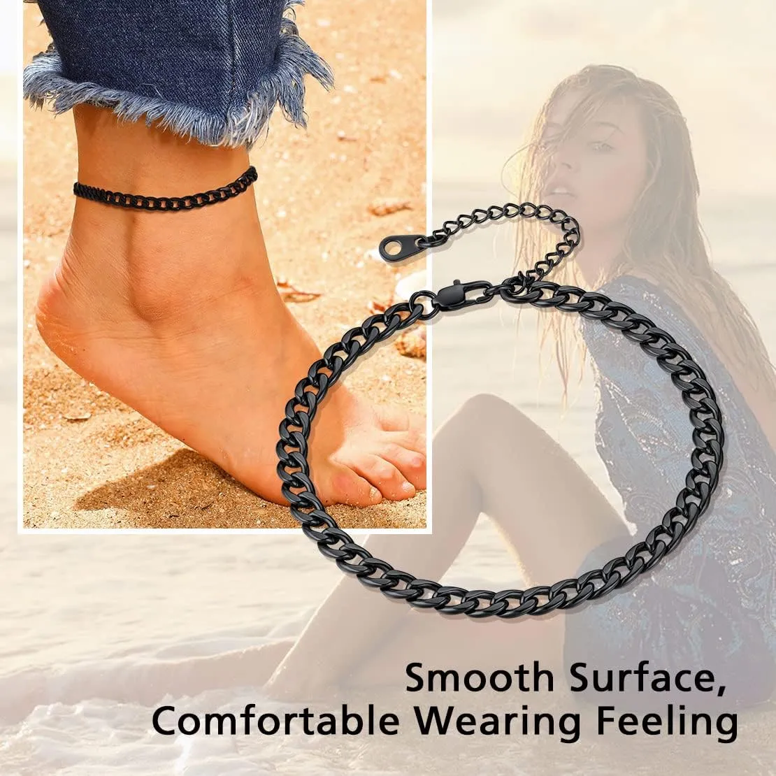 FindChic Stainless Steel Ankle Chain Bracelets for Women Cuban Curb/Figaro/Box Links Beach Foot Jewelry 8.5''-10.5'' Adjustable Anklet, with Jewelry Box