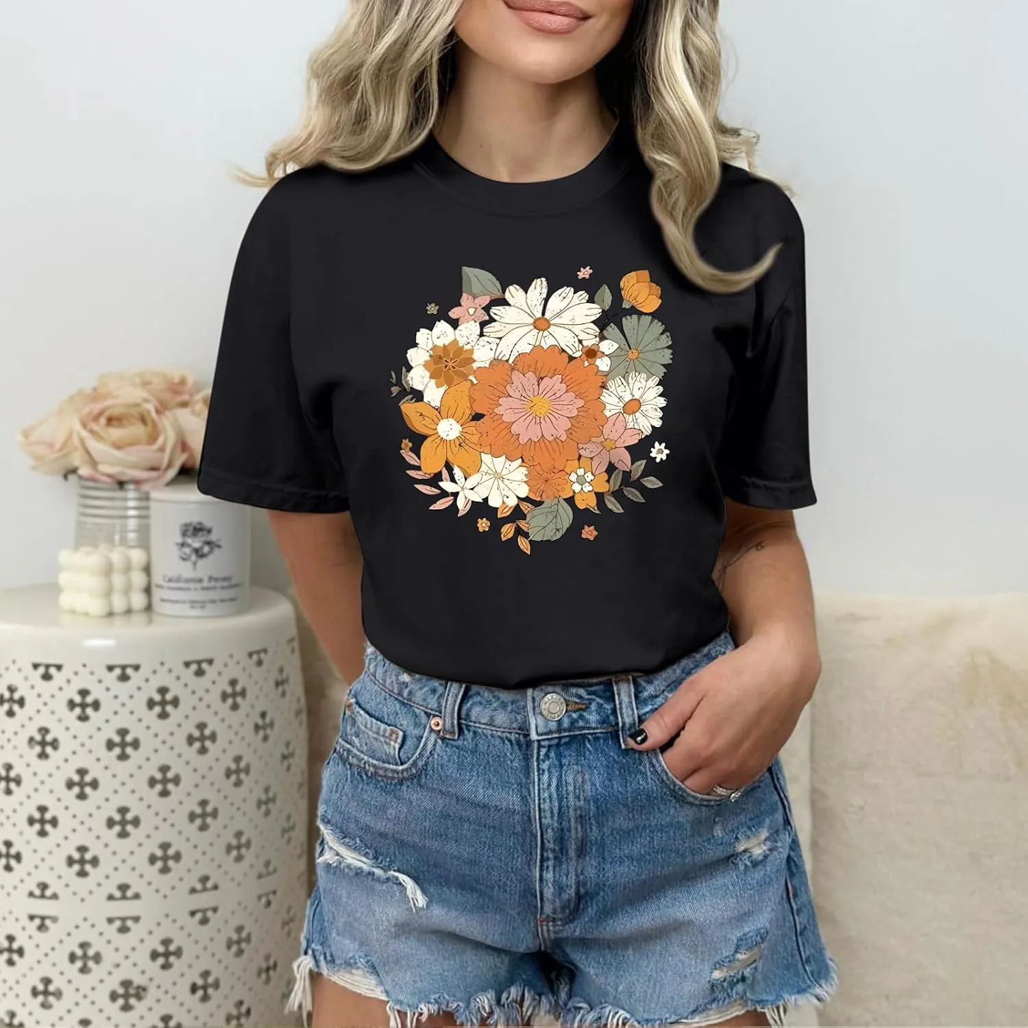 Fkatuzi Boho Floral T Shirt for Women Wildflower Plant Shirts Nature Vintage Flower Graphic Tees Botanical Cotton Tshirt