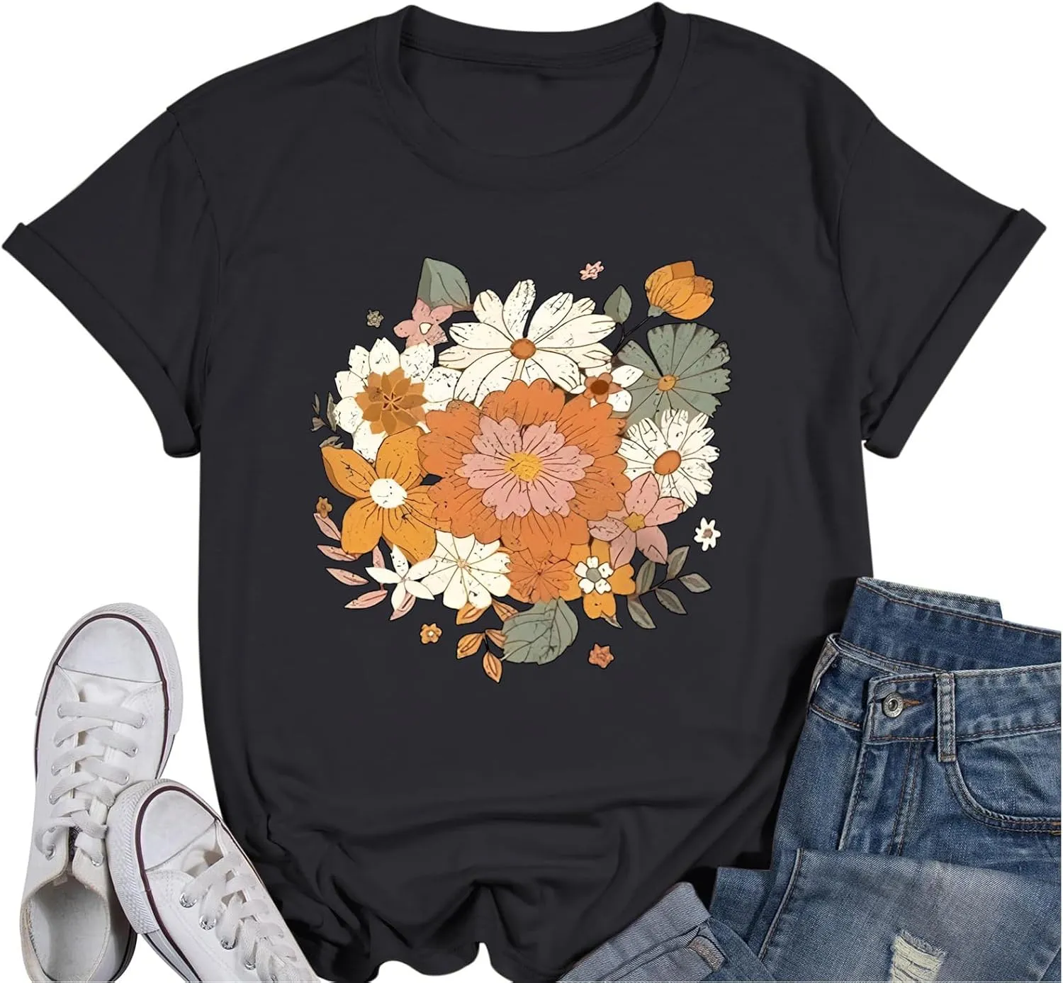 Fkatuzi Boho Floral T Shirt for Women Wildflower Plant Shirts Nature Vintage Flower Graphic Tees Botanical Cotton Tshirt