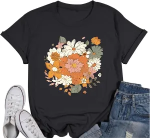 Fkatuzi Boho Floral T Shirt for Women Wildflower Plant Shirts Nature Vintage Flower Graphic Tees Botanical Cotton Tshirt