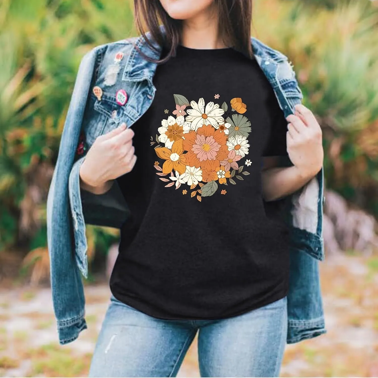 Fkatuzi Boho Floral T Shirt for Women Wildflower Plant Shirts Nature Vintage Flower Graphic Tees Botanical Cotton Tshirt