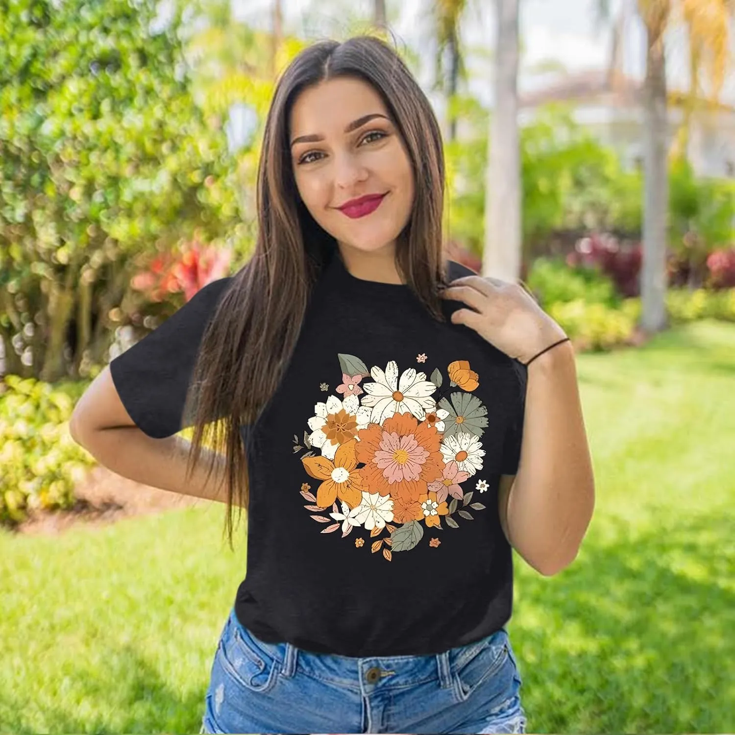Fkatuzi Boho Floral T Shirt for Women Wildflower Plant Shirts Nature Vintage Flower Graphic Tees Botanical Cotton Tshirt
