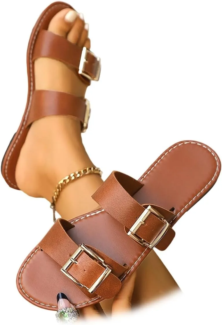 Flat Sandals for Women Dressy Comfortable Arch Support Slip on Flat Slides Buckle Summer Beach Sandal Shoes