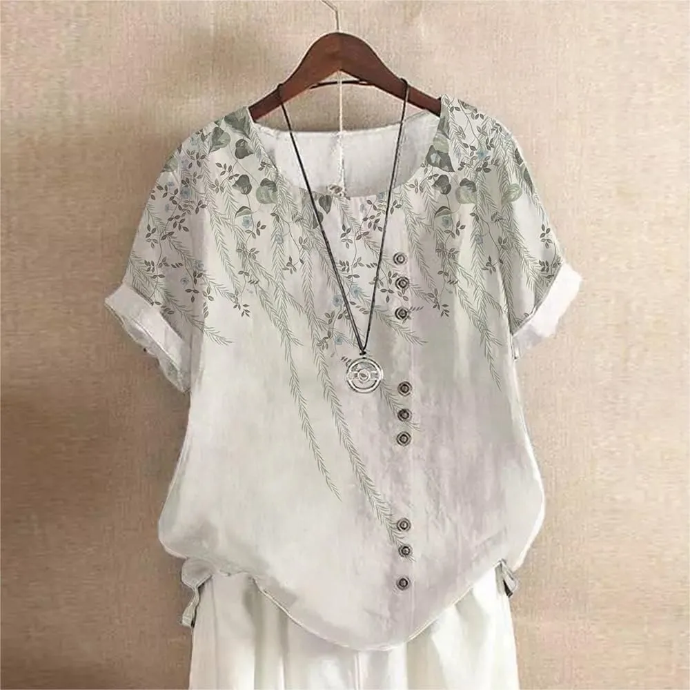 Floral Cotton Linen Summer Tops for Women Short Sleeve Crewneck Boho Shirts Top