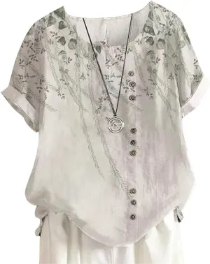 Floral Cotton Linen Summer Tops for Women Short Sleeve Crewneck Boho Shirts Top