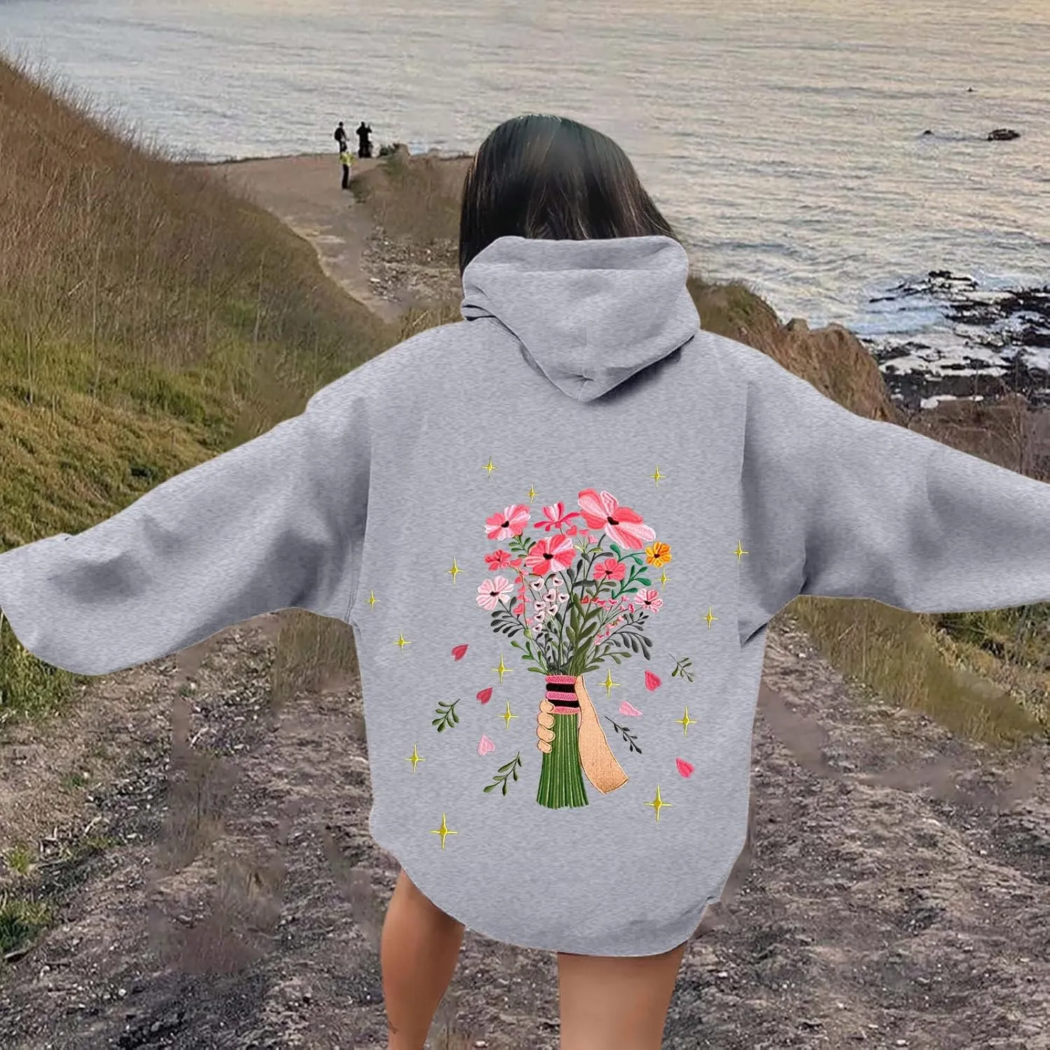 Floral Graphic Hoodies Womens Coquette Oversized Sweatshirts for Teen Girls Y2k Hoodies Cute Fleece Pullover Sweater