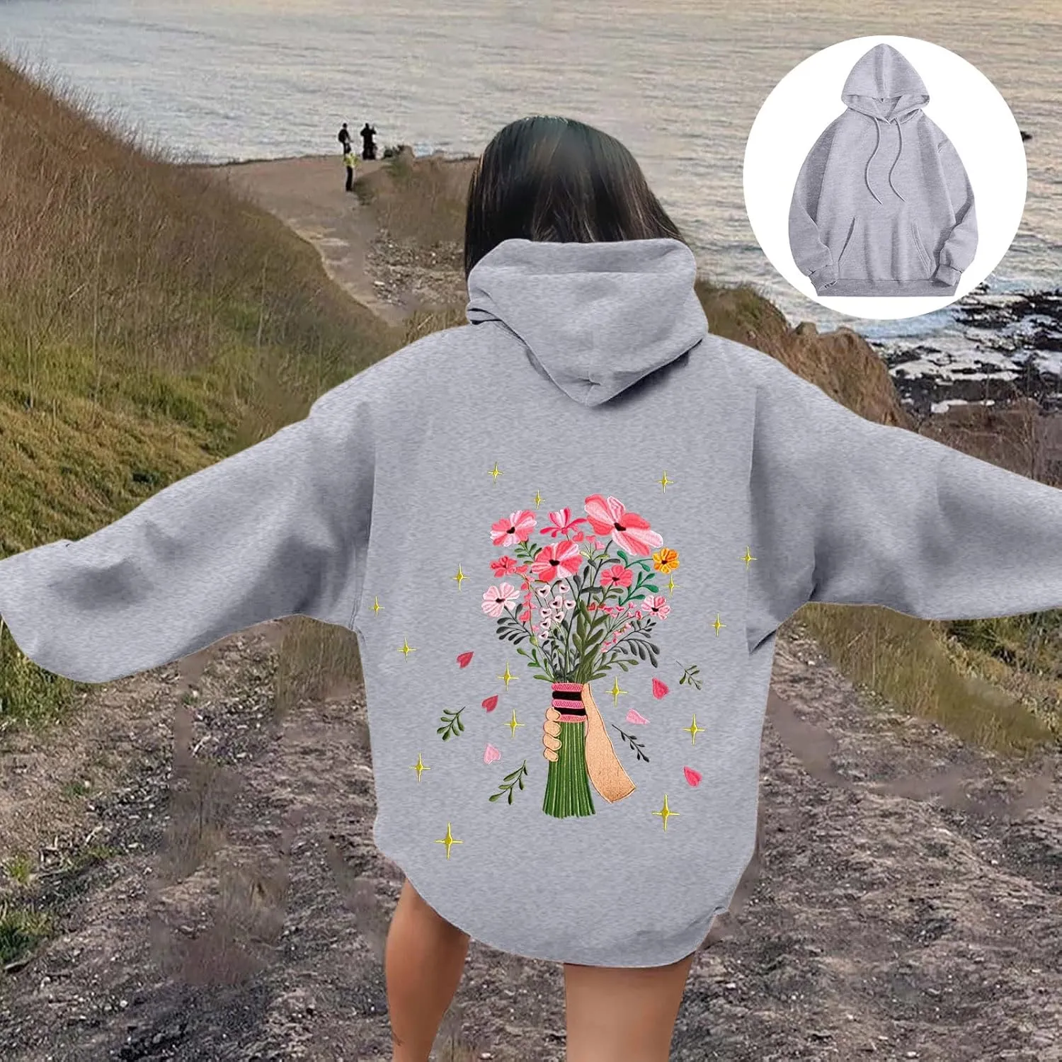 Floral Graphic Hoodies Womens Coquette Oversized Sweatshirts for Teen Girls Y2k Hoodies Cute Fleece Pullover Sweater