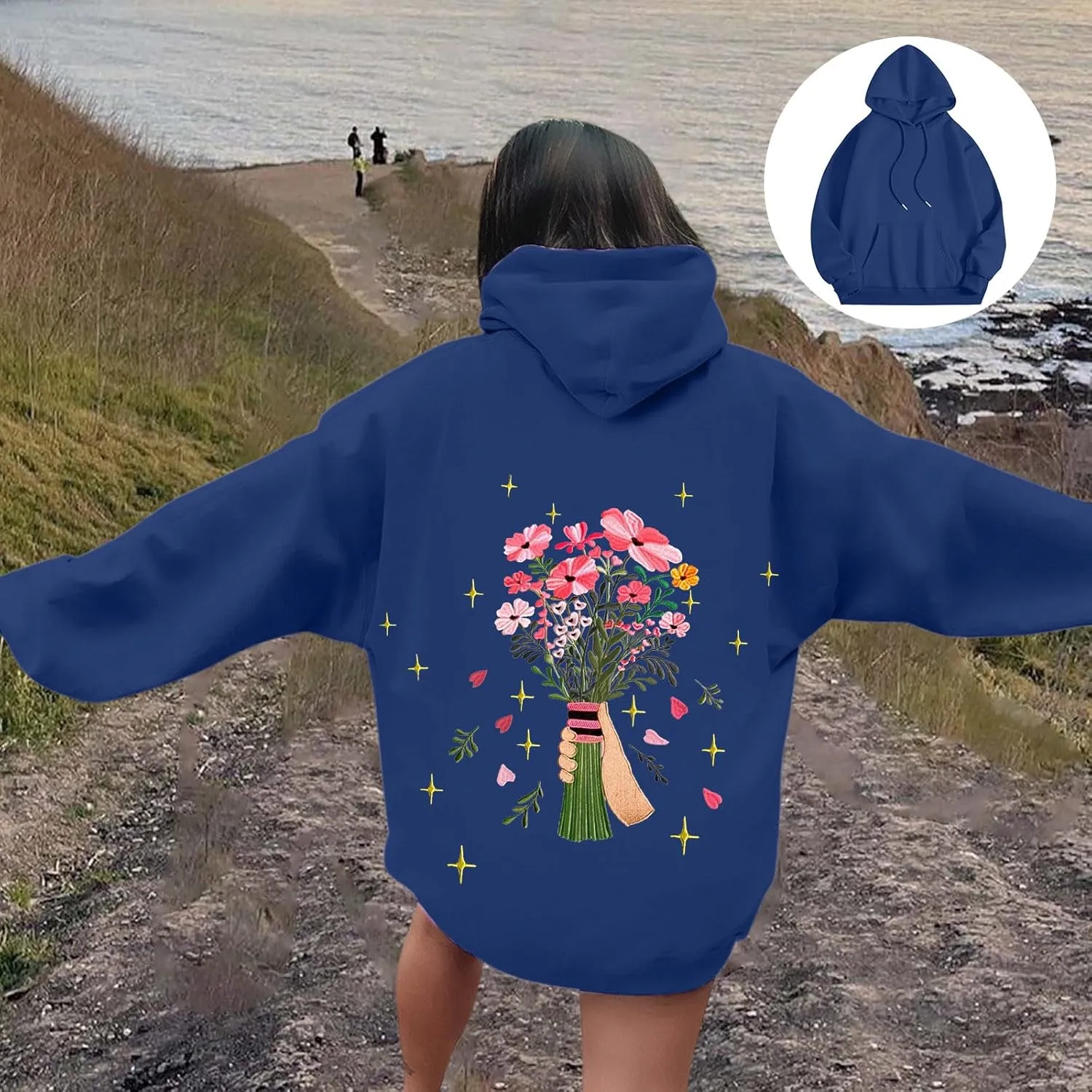 Floral Graphic Hoodies Womens Coquette Oversized Sweatshirts for Teen Girls Y2k Hoodies Cute Fleece Pullover Sweater