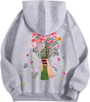 Floral Graphic Hoodies Womens Coquette Oversized Sweatshirts for Teen Girls Y2k Hoodies Cute Fleece Pullover Sweater