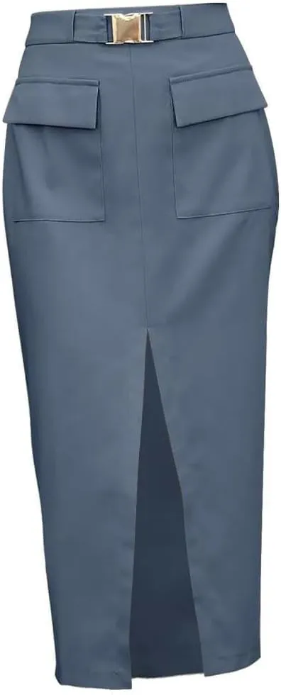 FMCHICO Women High Waisted Cargo Midi Skirt Trendy Summer Fall Pencil Slit Dressy Casual Business Work Skirts with Pockets