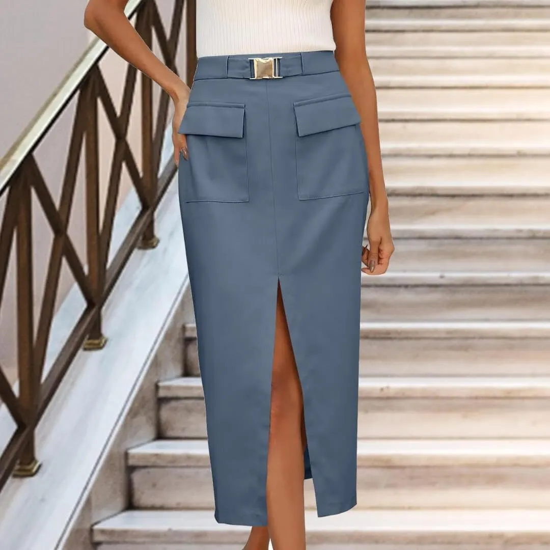 FMCHICO Women High Waisted Cargo Midi Skirt Trendy Summer Fall Pencil Slit Dressy Casual Business Work Skirts with Pockets