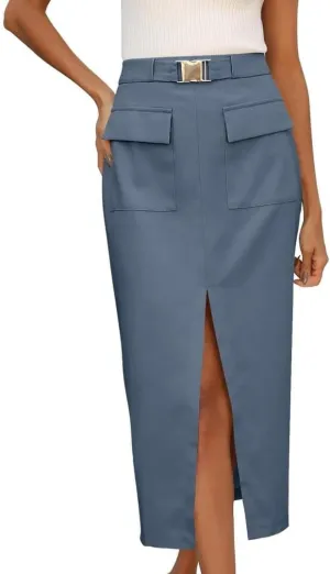 FMCHICO Women High Waisted Cargo Midi Skirt Trendy Summer Fall Pencil Slit Dressy Casual Business Work Skirts with Pockets
