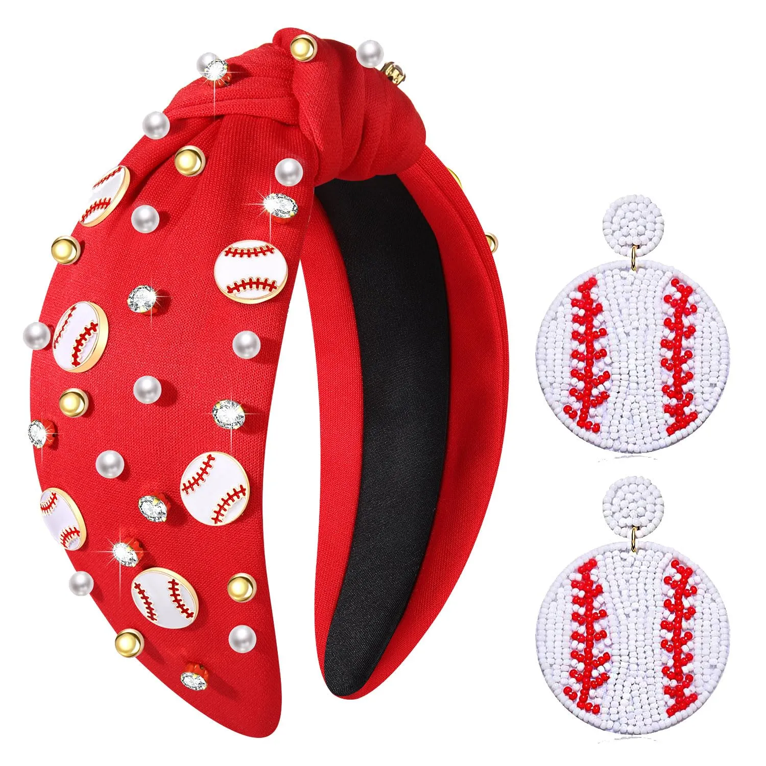 Football Headband for Women - Mom Accessories, Enamel Charm Jeweled Rhinestone Knotted Sport Game Day Headband (Red 1)