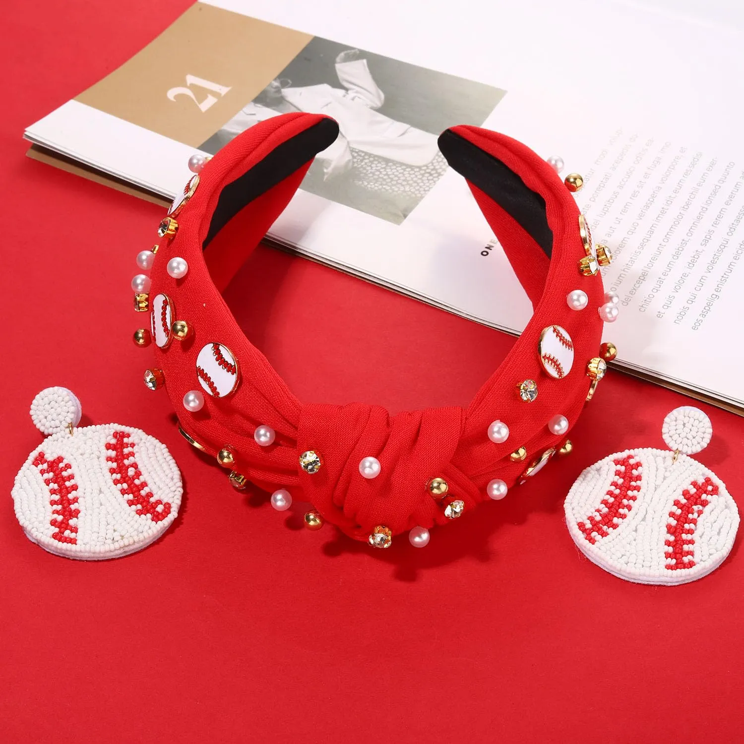 Football Headband for Women - Mom Accessories, Enamel Charm Jeweled Rhinestone Knotted Sport Game Day Headband (Red 1)
