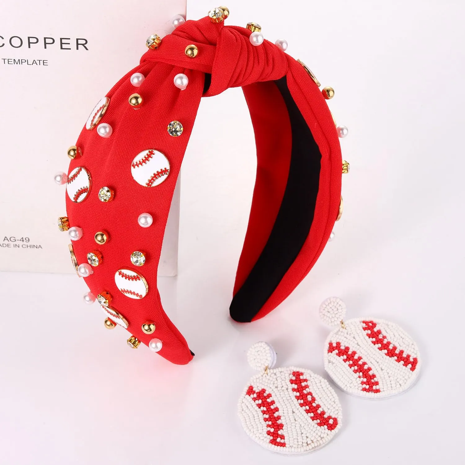 Football Headband for Women - Mom Accessories, Enamel Charm Jeweled Rhinestone Knotted Sport Game Day Headband (Red 1)