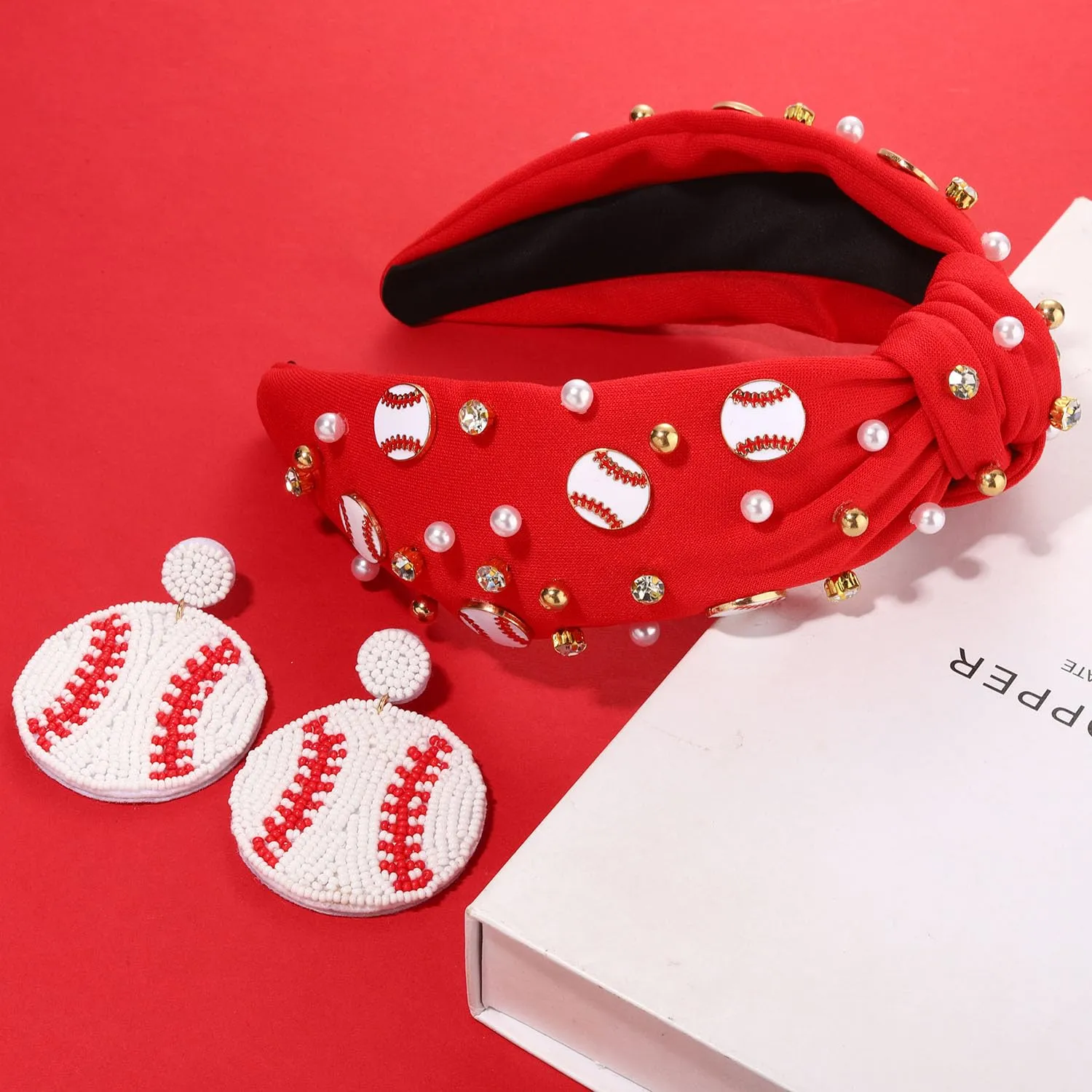 Football Headband for Women - Mom Accessories, Enamel Charm Jeweled Rhinestone Knotted Sport Game Day Headband (Red 1)