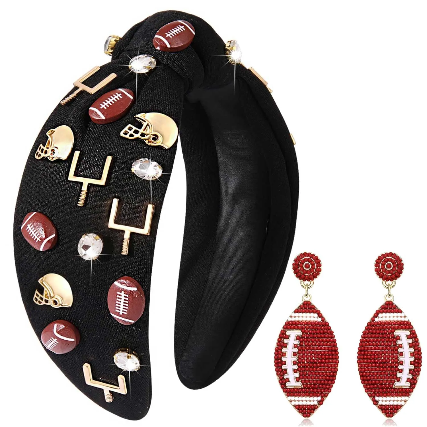 Football Headband, Women Football Mom Accessories, Black Enamel Football Charm Jeweled Rhinestone Knotted Headband, Game Day Headband, Sport, Hairband