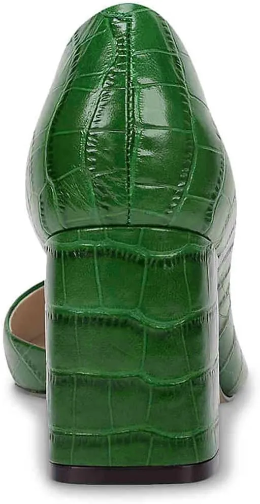 FOWT Spring Crocodile Embossed Leather Half D'Orsay Block High Heel Green Pumps for Women Elegant Pointed Toe 3 Inches Fashion Casual Daily Dressy Shoes, US Size 4-16 M