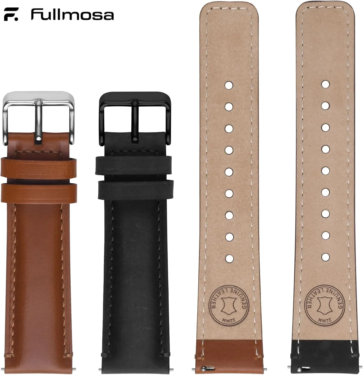 Fullmosa 20mm 22mm Leather Watch Bands Quick Release Watch Strap for Men Women, 2 Pack Soft Replacement Strap Wristband with Stainless Steel Buckle