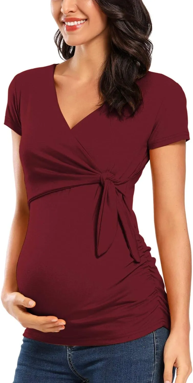 Glampunch Women's Maternity Shirts Short & Long Sleeve Tie Front Wrap Maternity Tops