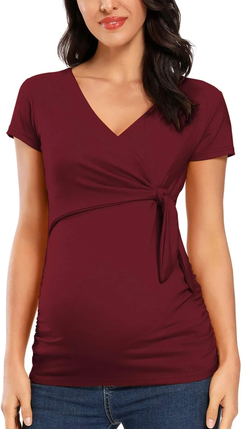 Glampunch Women's Maternity Shirts Short & Long Sleeve Tie Front Wrap Maternity Tops