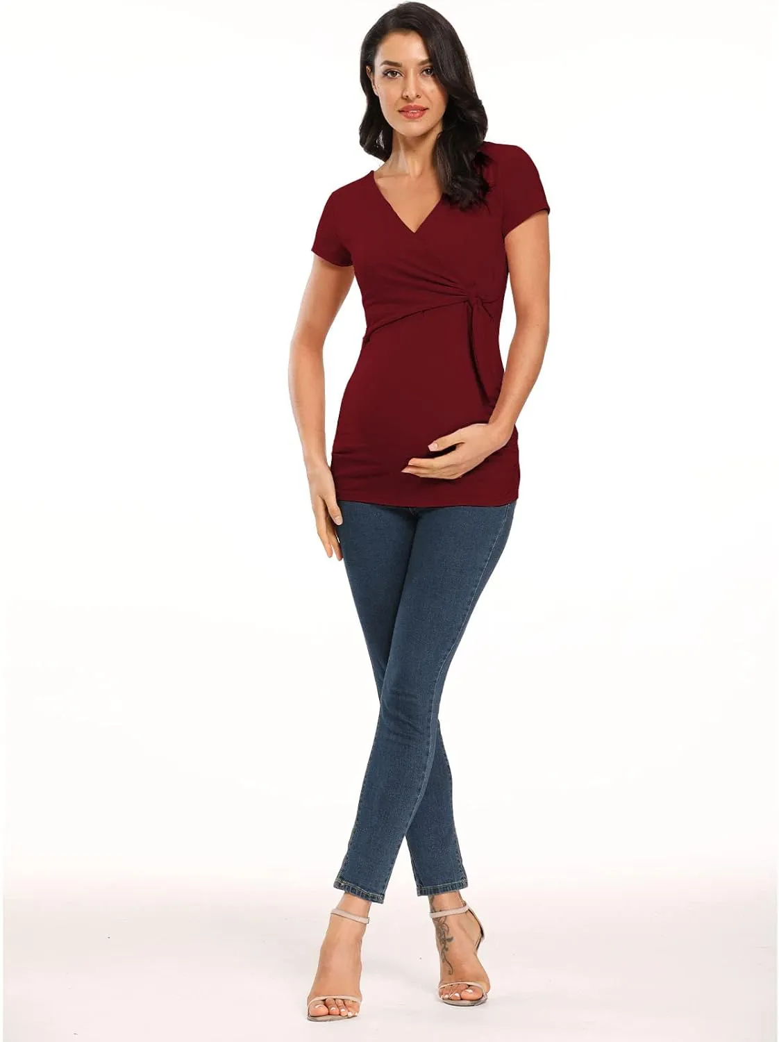 Glampunch Women's Maternity Shirts Short & Long Sleeve Tie Front Wrap Maternity Tops