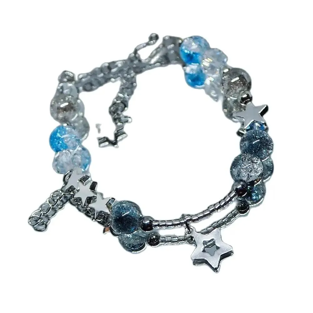 Glass Beaded Bracelets for Teen Girls Women Cute Star Heart Beads Aesthetic Moon Charms Chain Bracelet Skull Punk Jewelry (blue)
