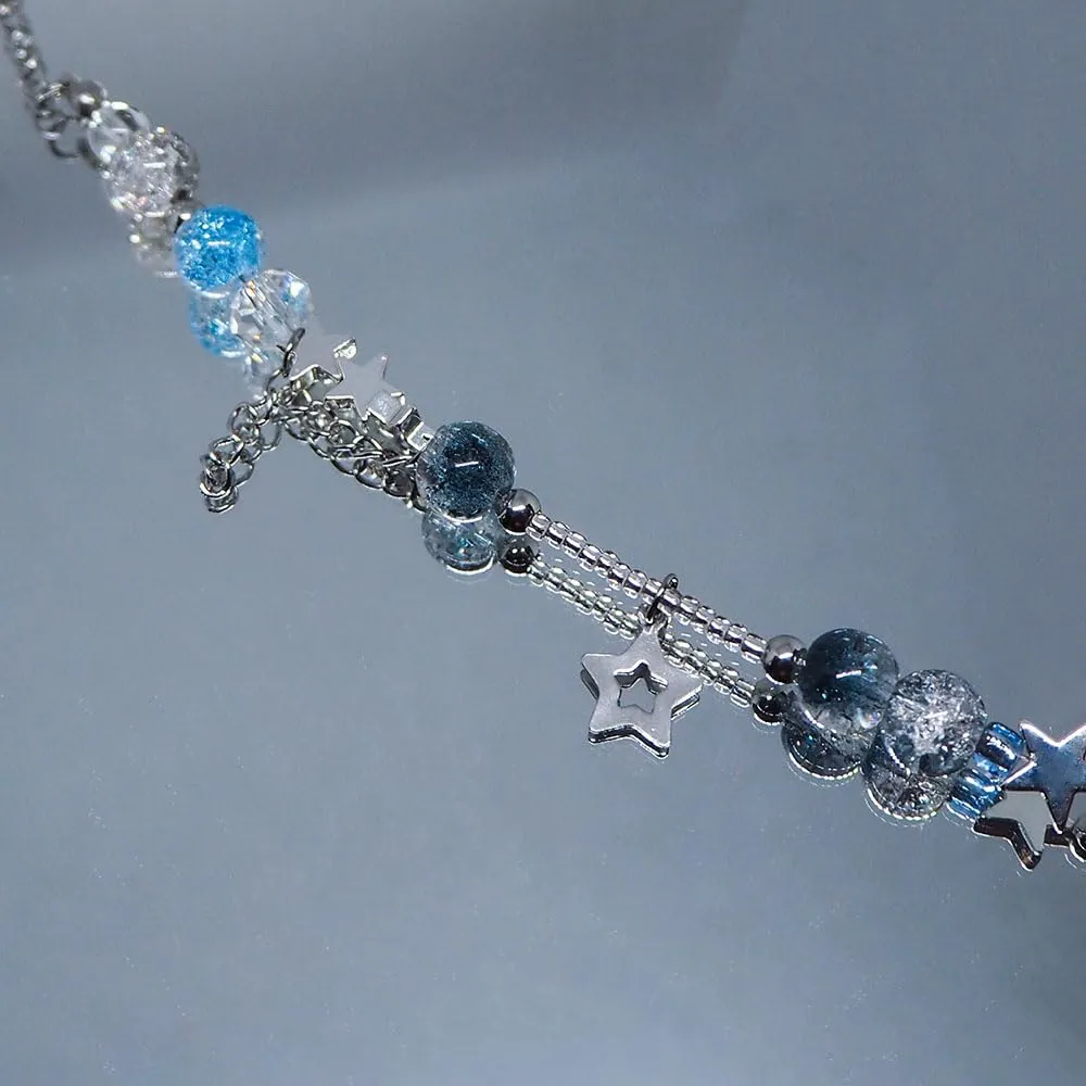 Glass Beaded Bracelets for Teen Girls Women Cute Star Heart Beads Aesthetic Moon Charms Chain Bracelet Skull Punk Jewelry (blue)