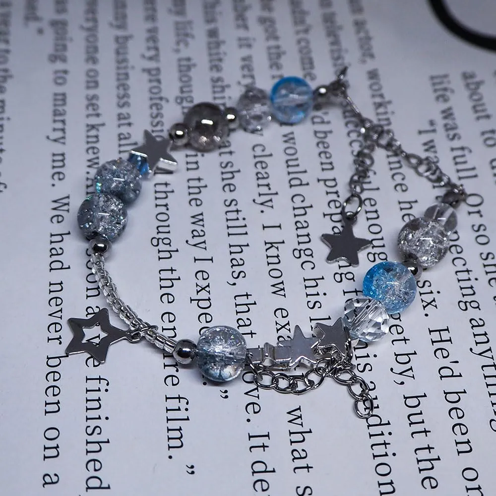 Glass Beaded Bracelets for Teen Girls Women Cute Star Heart Beads Aesthetic Moon Charms Chain Bracelet Skull Punk Jewelry (blue)