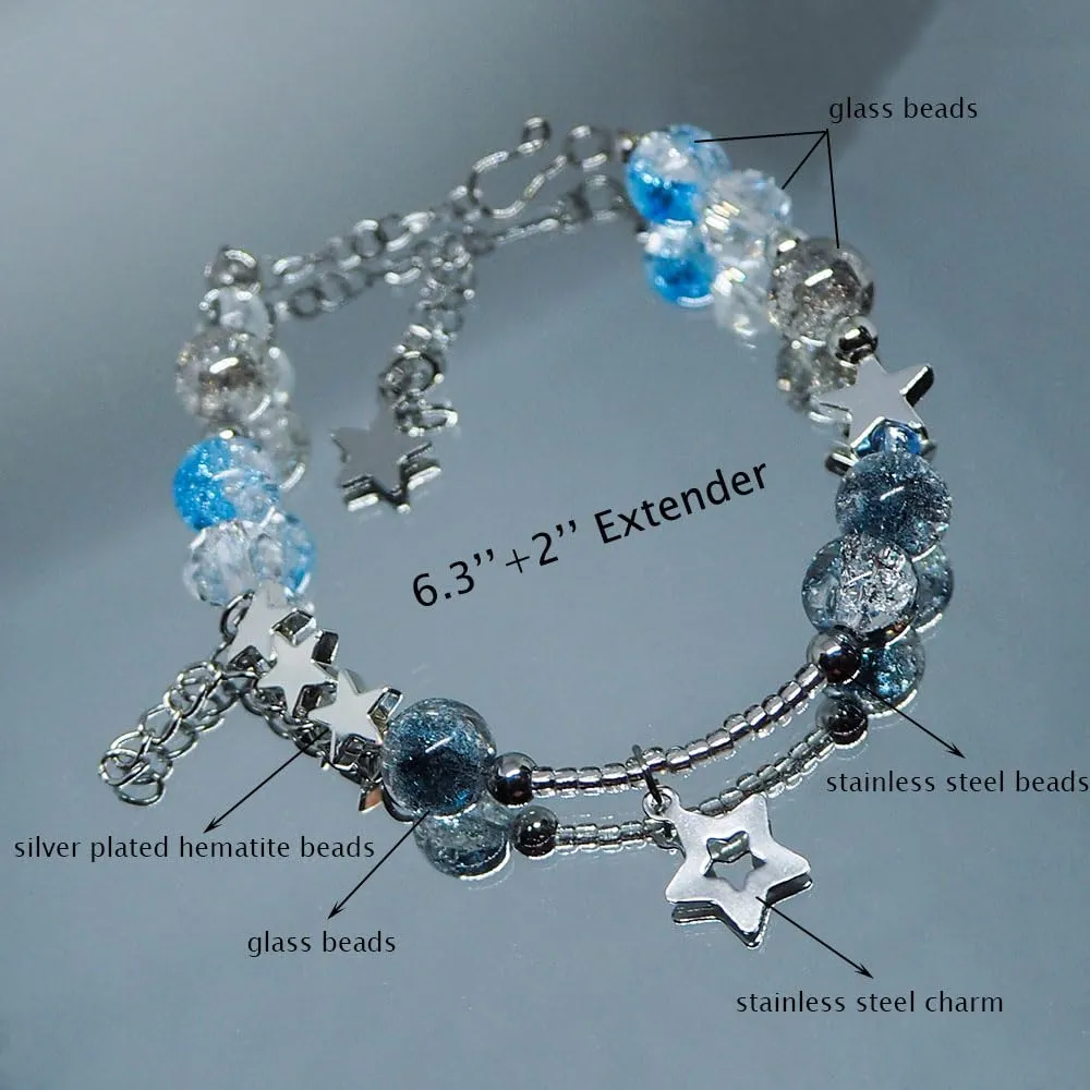 Glass Beaded Bracelets for Teen Girls Women Cute Star Heart Beads Aesthetic Moon Charms Chain Bracelet Skull Punk Jewelry (blue)