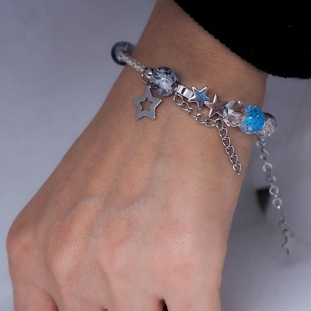 Glass Beaded Bracelets for Teen Girls Women Cute Star Heart Beads Aesthetic Moon Charms Chain Bracelet Skull Punk Jewelry (blue)