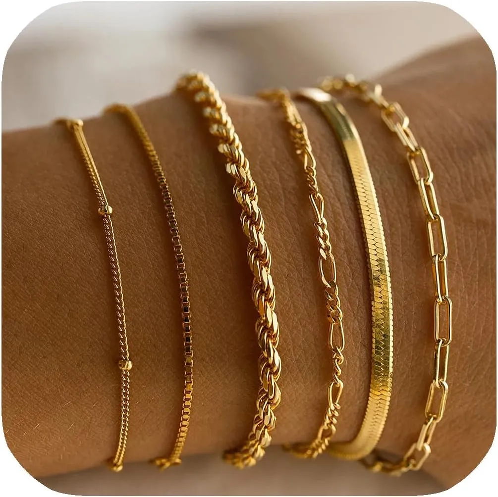 Gold Bracelets Stack for Women14k Gold Plated Link Bracelets Charm Trendy Dainty Beaded Stackable Layered Cuff Chain Bracelet for Women Jewelry Gifts Accessories Waterproof