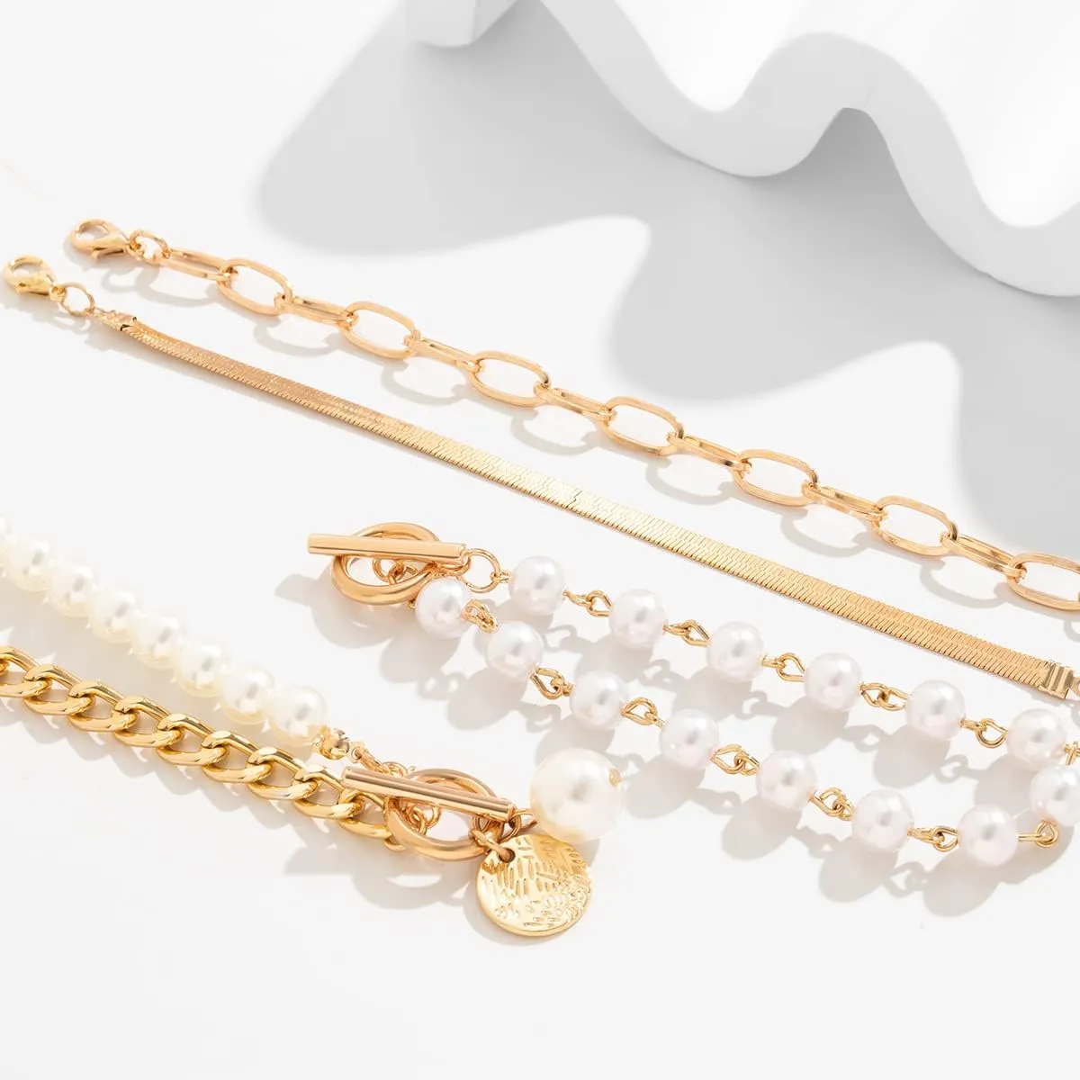 Gold Chain Link Crystal Bracelet Set for Women Dainty Baroque Pearl Beaded Stackable Cuban Link Bracelets Plated Minimalist Paperclip Ankle Wristbands Jewelry for Punk Hiphop Party