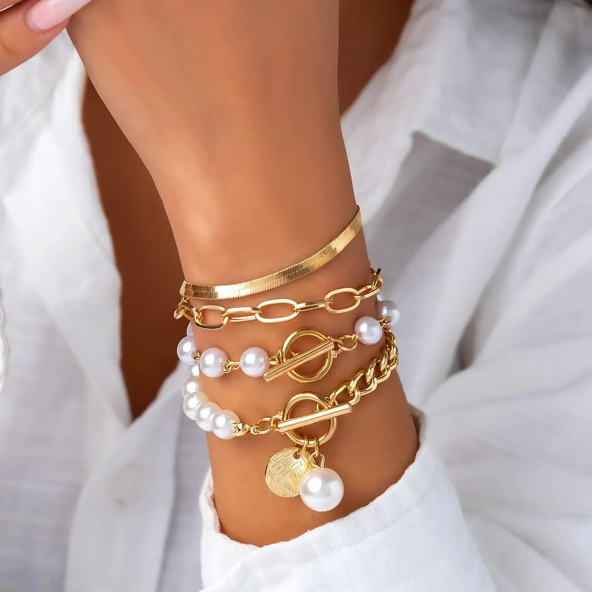 Gold Chain Link Crystal Bracelet Set for Women Dainty Baroque Pearl Beaded Stackable Cuban Link Bracelets Plated Minimalist Paperclip Ankle Wristbands Jewelry for Punk Hiphop Party