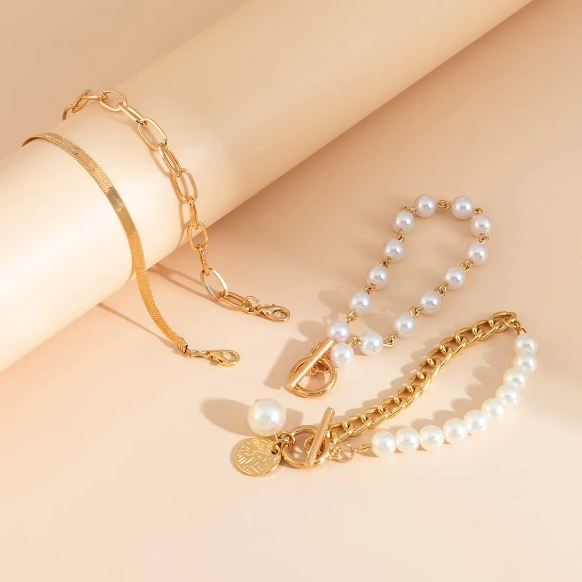 Gold Chain Link Crystal Bracelet Set for Women Dainty Baroque Pearl Beaded Stackable Cuban Link Bracelets Plated Minimalist Paperclip Ankle Wristbands Jewelry for Punk Hiphop Party