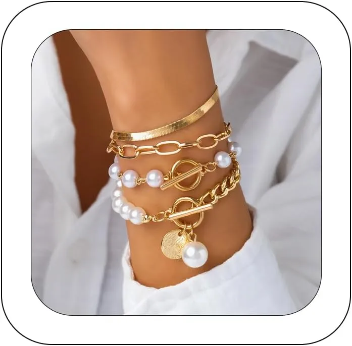 Gold Chain Link Crystal Bracelet Set for Women Dainty Baroque Pearl Beaded Stackable Cuban Link Bracelets Plated Minimalist Paperclip Ankle Wristbands Jewelry for Punk Hiphop Party