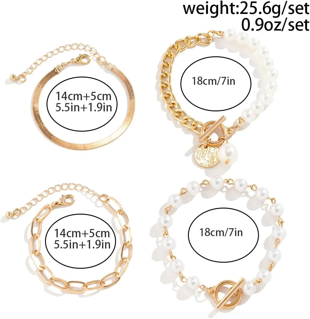 Gold Chain Link Crystal Bracelet Set for Women Dainty Baroque Pearl Beaded Stackable Cuban Link Bracelets Plated Minimalist Paperclip Ankle Wristbands Jewelry for Punk Hiphop Party