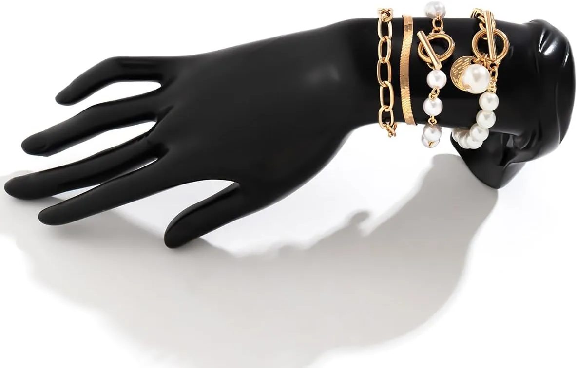 Gold Chain Link Crystal Bracelet Set for Women Dainty Baroque Pearl Beaded Stackable Cuban Link Bracelets Plated Minimalist Paperclip Ankle Wristbands Jewelry for Punk Hiphop Party