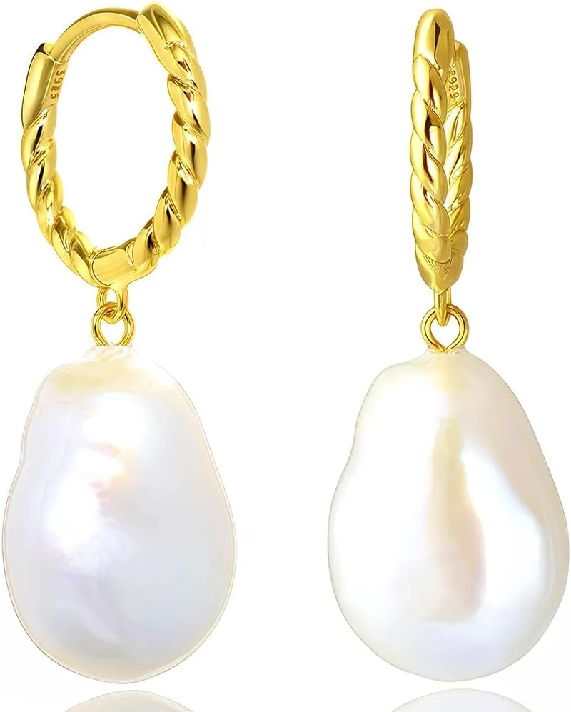 Gold Pearl Dangle Drop Earrings for Women,18K Gold plated S925 Sterling Silver,Hoop pearl Dangle Earrings,11-15mm/16-20mm Freshwater Baroque Pearl Drop Earrings for Women