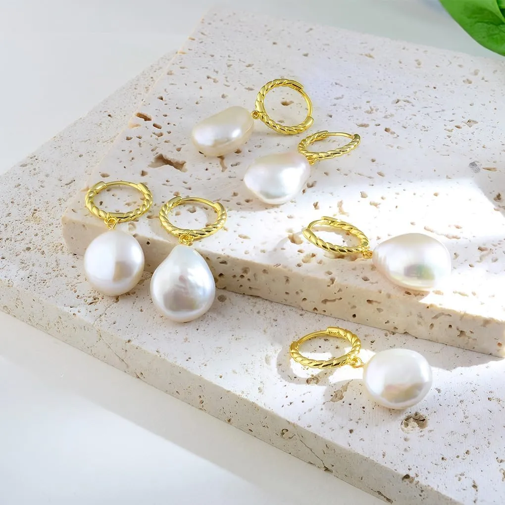 Gold Pearl Dangle Drop Earrings for Women,18K Gold plated S925 Sterling Silver,Hoop pearl Dangle Earrings,11-15mm/16-20mm Freshwater Baroque Pearl Drop Earrings for Women
