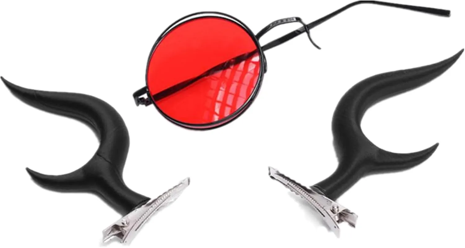 Gothic Cosplay Black Horn Hair Clips with Round Red Lens Sunglasses for Halloween Party