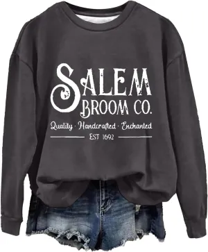 Halloween Sweatshirts for Women 2024 1692 Salem Broom Co Sweatshirt Graphic Crewneck Long Sleeve Hoodies Fall Outfits